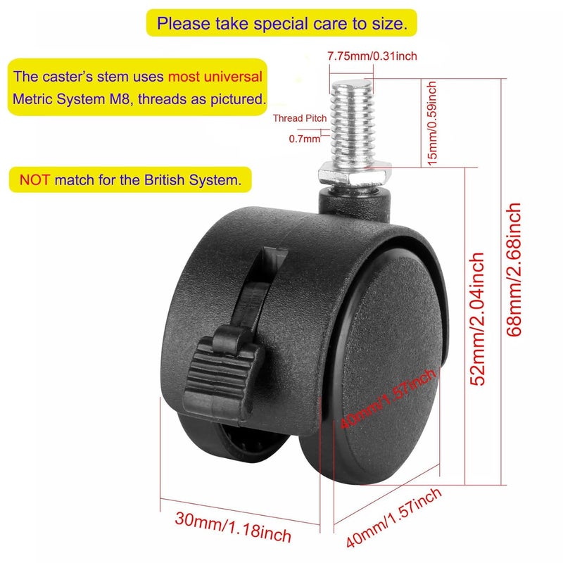 Dalyndar 4 Pack 1.5 Inch Swivel Stem Caster Wheels Replacement Casters 1.5'' Furniture Wheel with Locking Brake Metric Threaded Stem M8 Wheels for Table Drawer Plant Shelf Metal Rack Laundry Basket - Image 2